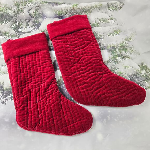 Pair Pottery Barn Christmas Stocking Dark Red Quilted Channel Velvet Medium 2015 - Picture 1 of 13